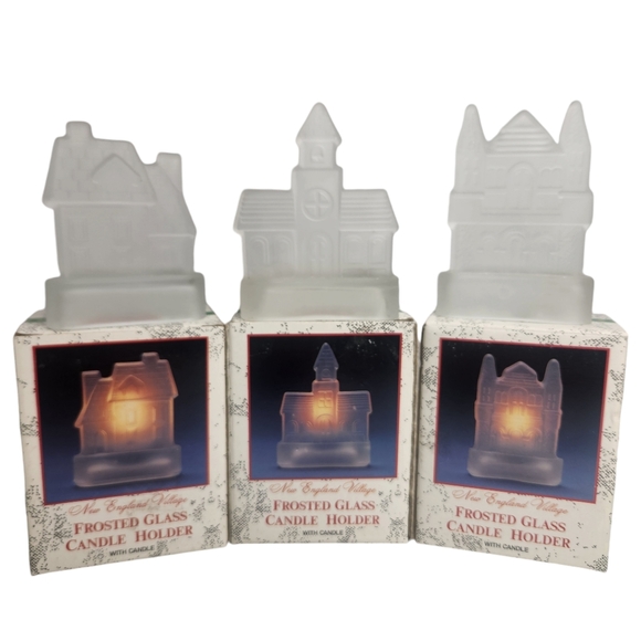 Vintage New England Village Frosted Glass Candle Holders Lot of Three - Picture 2 of 8
